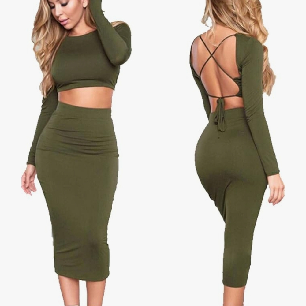 Chic Olive Green Two Piece Set with Open Back, Long Sleeves, Midi Skirt
